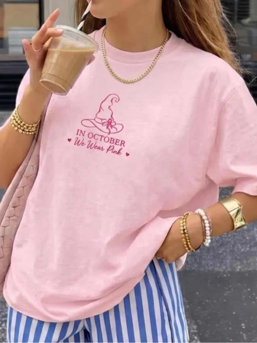 Gildan Pink 'In October We Wear Pink' Graphic Tee, Vintage Pink Hat T-Shirt